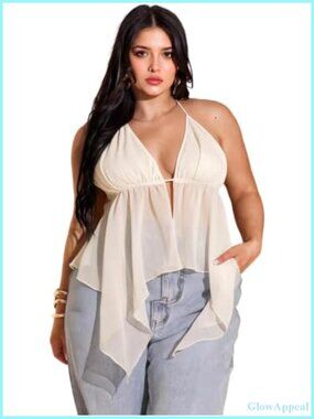 Plus Size Halter Top Y2k Sexy Deep V Neck Tie Back Backless Sleeveless Flowy